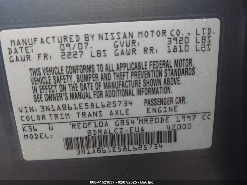 2008 NISSAN SENTRA VIN: 3N1AB61E58L625734