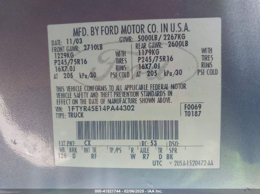 2004 Ford Ranger Edge/Tremor/Xlt VIN: 1FTYR45E14PA44302 Lot: 41521744