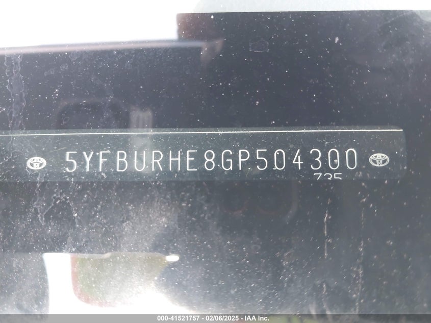 2016 TOYOTA COROLLA VIN: 5YFBURHE8GP504300