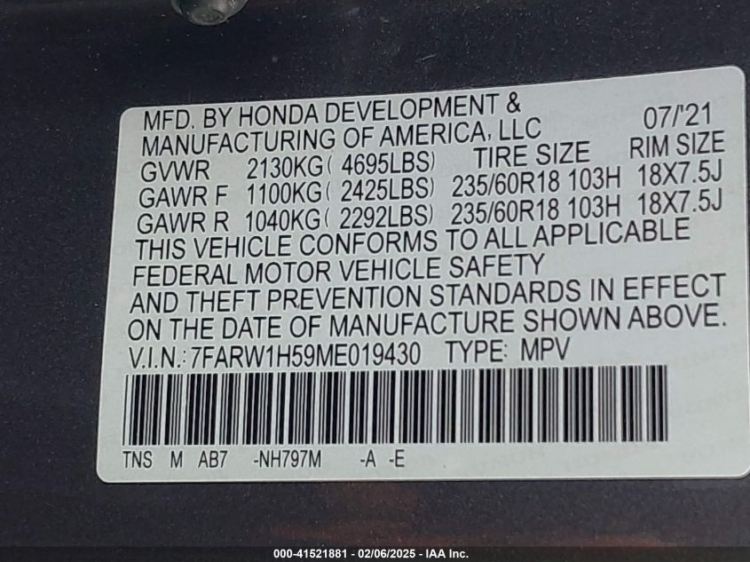 2021 Honda Cr-V 2Wd Ex VIN: 7FARW1H59ME019430 Lot: 41521881