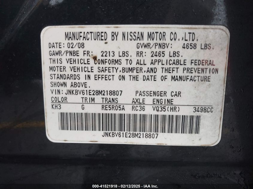 2008 Infiniti G35 VIN: JNKBZ61E28M218807 Lot: 41521918