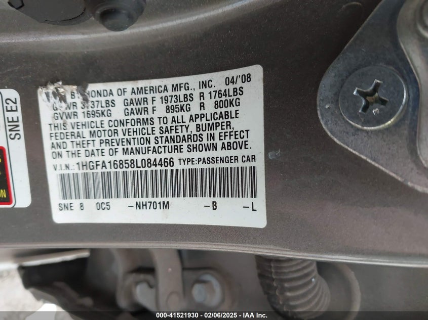 2008 HONDA CIVIC VIN: 1HGFA16858L084466