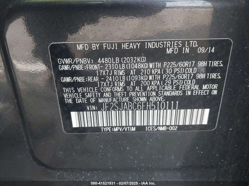 2015 SUBARU FORESTER 2.5I - JF2SJABC6FH510111