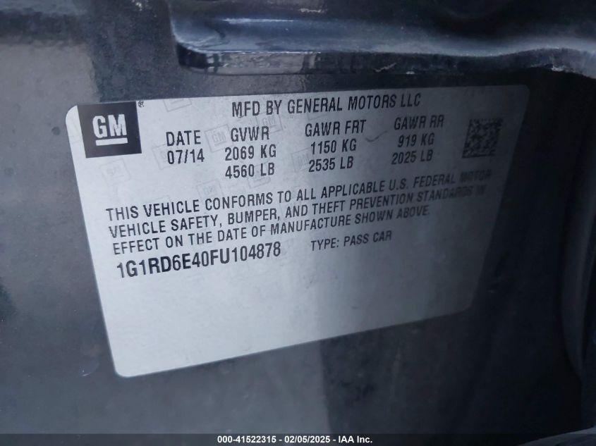 2015 Chevrolet Volt VIN: 1G1RD6E40FU104878 Lot: 41522315