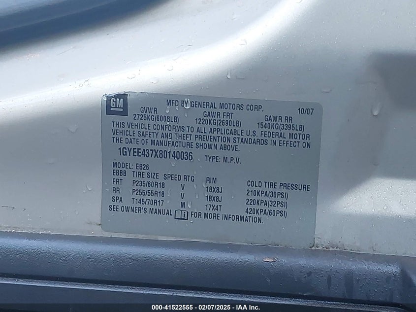 2008 Cadillac Srx V6 VIN: 1GYEE437X80140036 Lot: 41522555