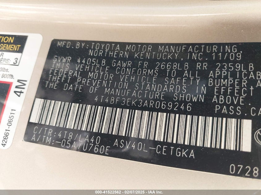 2010 TOYOTA CAMRY VIN: 4T4BF3EK3AR069246