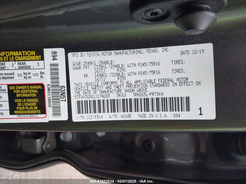 2020 TOYOTA TACOMA VIN: 5TFAX5GN1LX174265