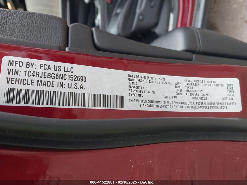 2022 JEEP GRAND CHEROKEE WK VIN: 1C4RJEBG6NC152690