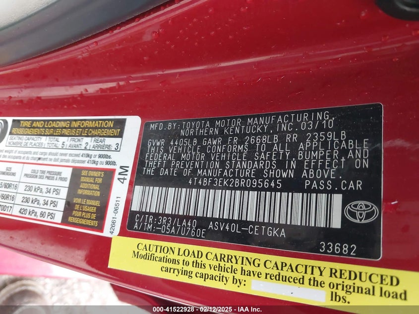 2011 TOYOTA CAMRY VIN: 4T4BF3EK2BR095645