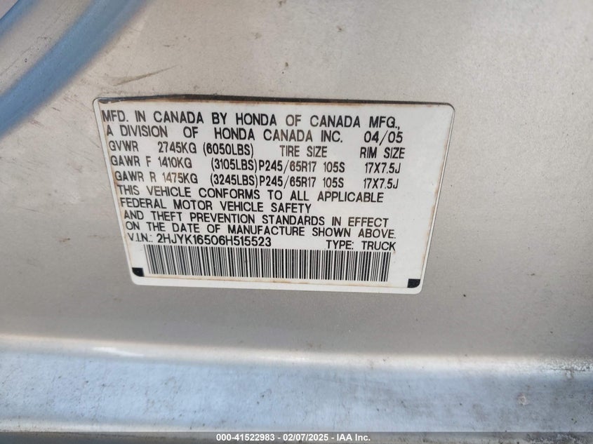 2006 Honda Ridgeline Rtl VIN: 2HJYK16506H515523 Lot: 41522983