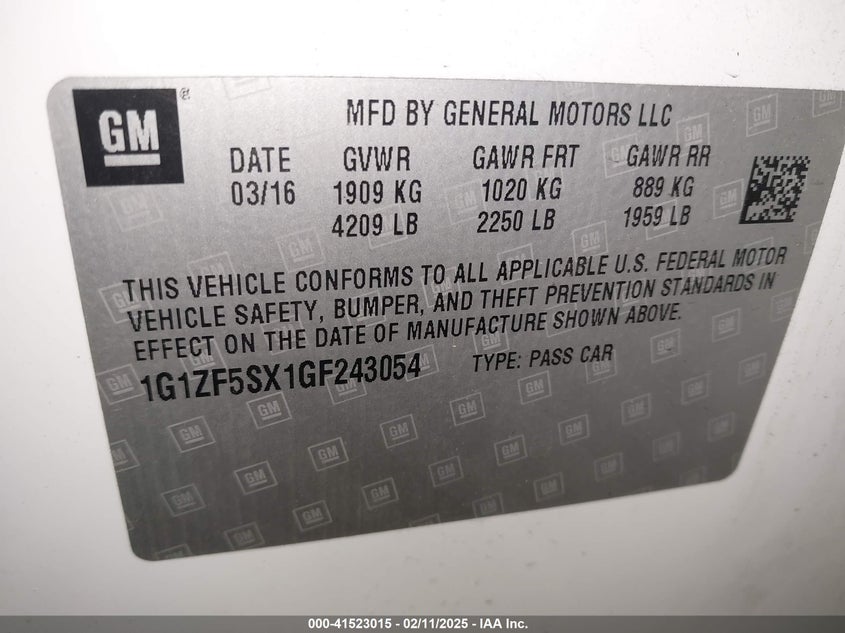 2016 CHEVROLET MALIBU VIN: 1G1ZF5SX1GF243054