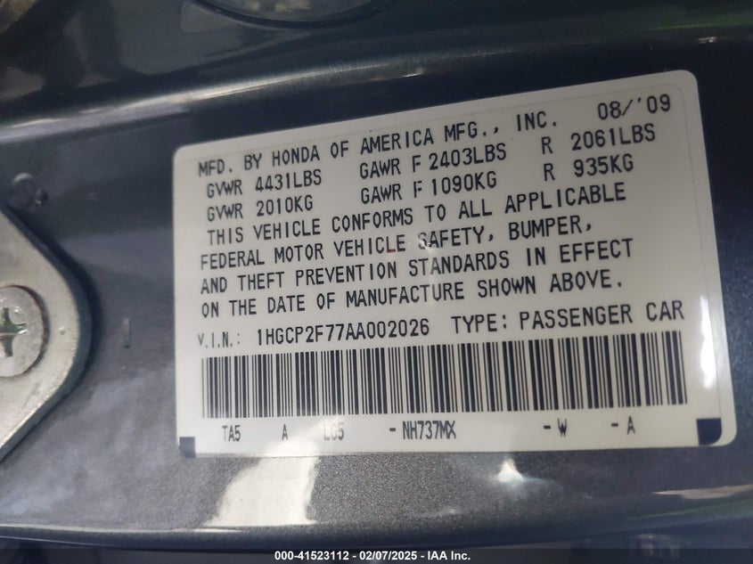 2010 HONDA ACCORD VIN: 1HGCP2F77AA002026