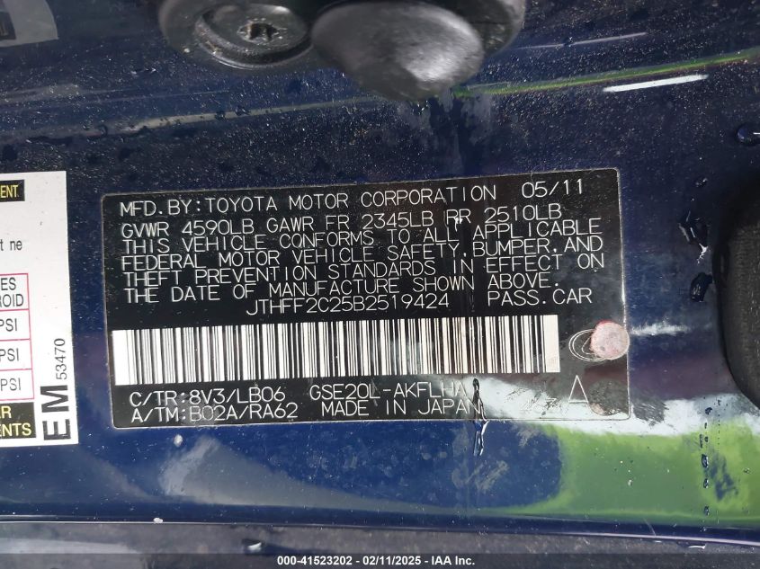 2011 Lexus Is 250 VIN: JTHFF2C25B2511924 Lot: 41523202
