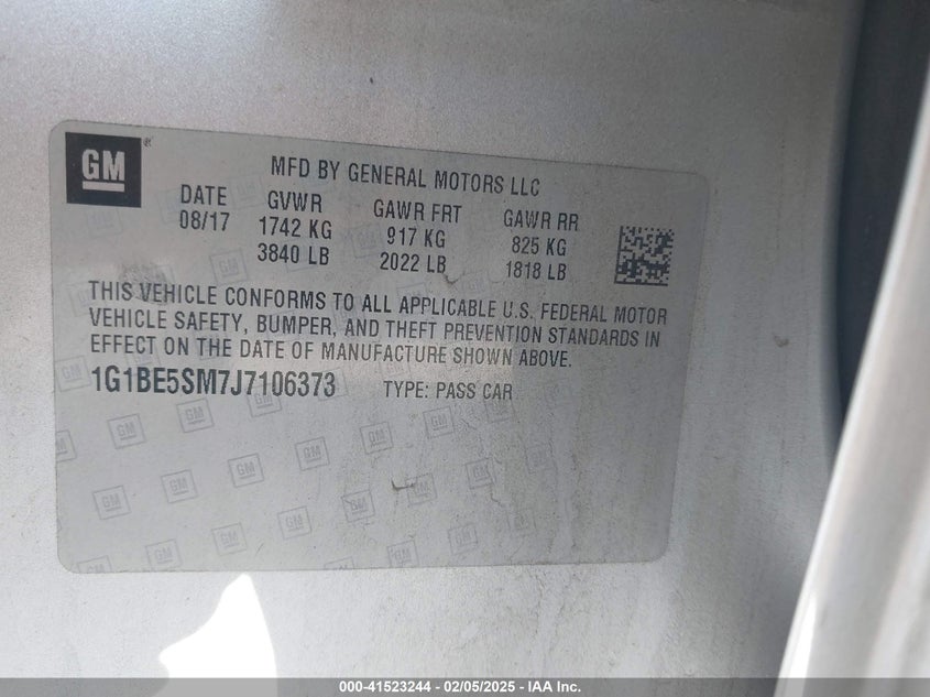 2018 CHEVROLET CRUZE VIN: 1G1BE5SM7J7106373