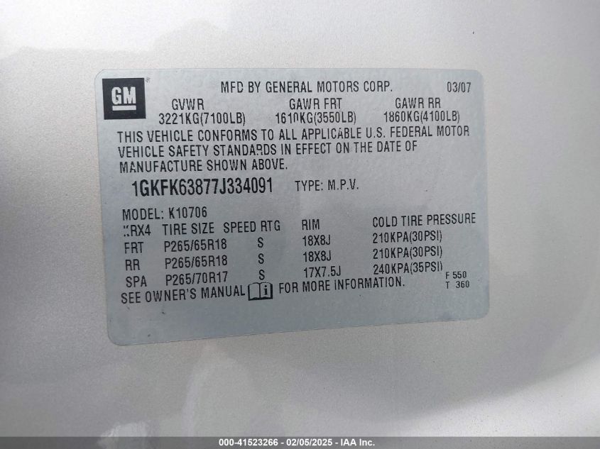 2007 GMC Yukon Denali VIN: 1GKFK63877J334091 Lot: 41523266