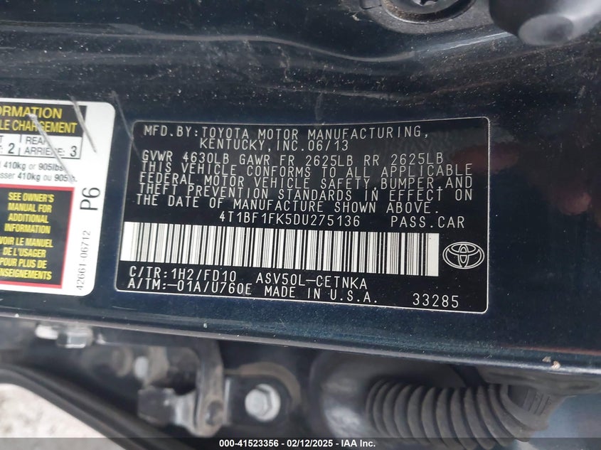 2013 TOYOTA CAMRY VIN: 4T1BF1FK5DU275136