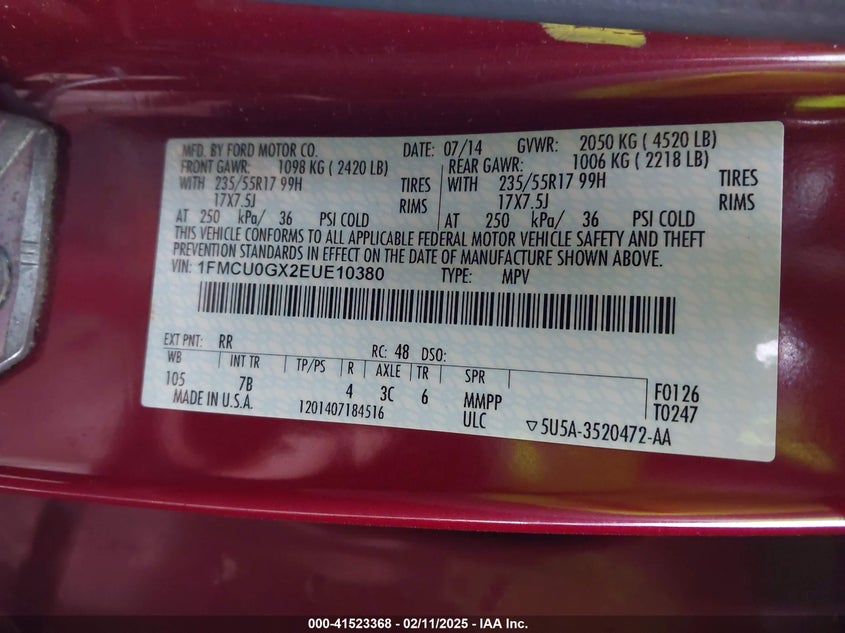 2014 FORD ESCAPE VIN: 1FMCU0GX2EUE10380
