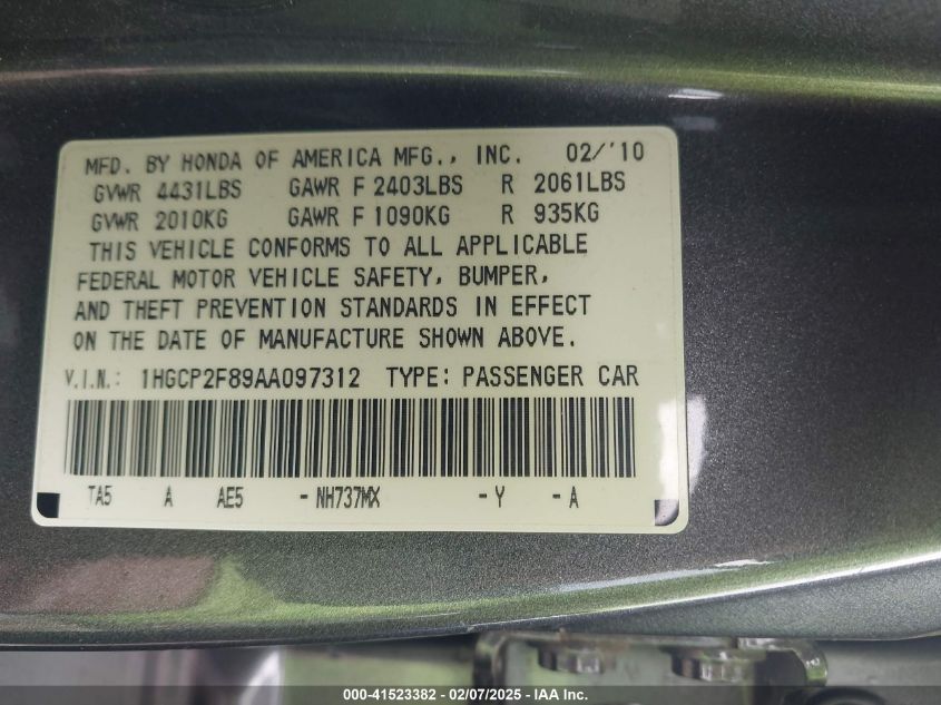 2010 Honda Accord 2.4 Ex-L VIN: 1HGCP2F89AA097312 Lot: 41523382