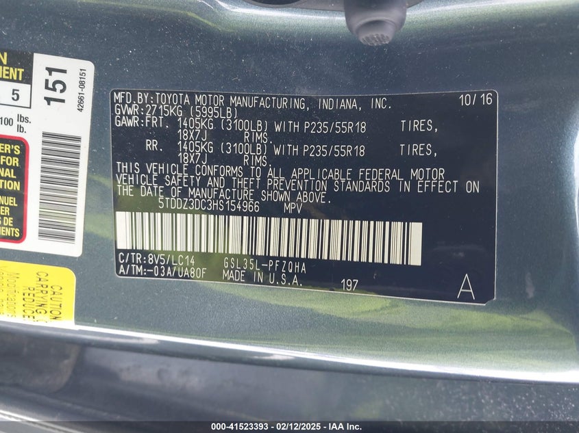 2017 TOYOTA SIENNA VIN: 5TDDZ3DC3HS154966