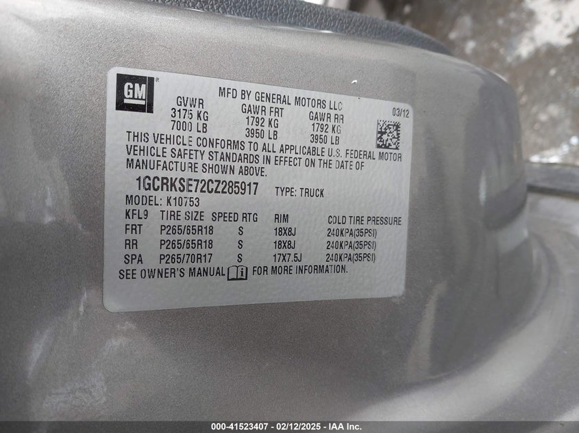 2012 CHEVROLET SILVERADO 1500 VIN: 1GCRKSE72CZ285917