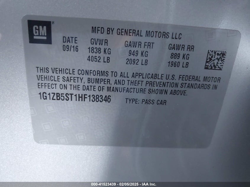 2017 CHEVROLET MALIBU VIN: 1G1ZB5ST1HF138346