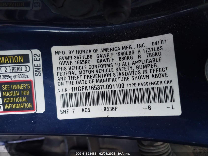 2007 HONDA CIVIC VIN: 1HGFA16537L091100