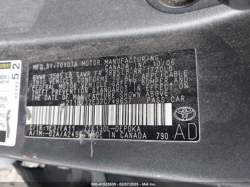2007 TOYOTA COROLLA VIN: 2T1BR32E37C749657
