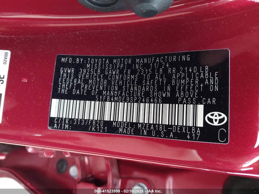 2025 TOYOTA COROLLA VIN: 5YFB4MDE9SP246466