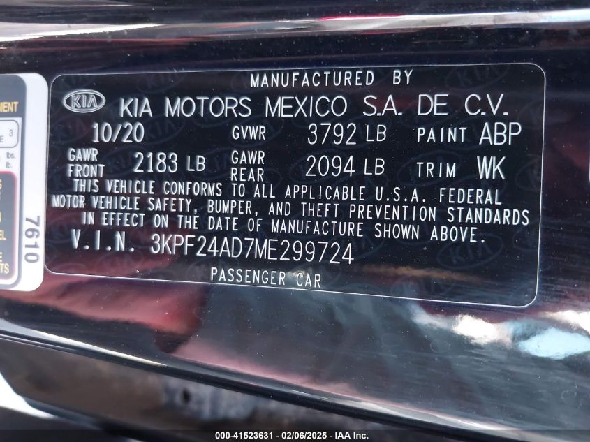 2021 Kia Forte Lxs VIN: 3KPF24AD7ME299724 Lot: 41523631