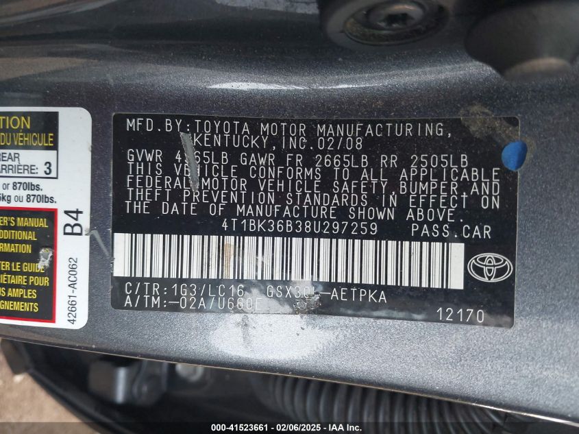 2008 Toyota Avalon Limited VIN: 4T1BK36B38U297259 Lot: 41523661