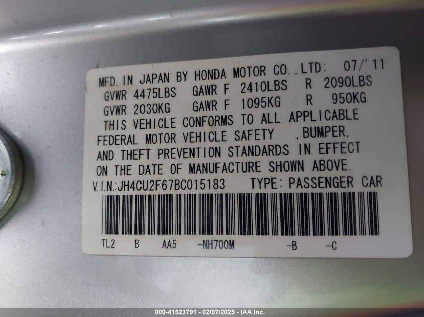2011 Acura Tsx 2.4 VIN: JH4CU2F67BC015183 Lot: 41523791