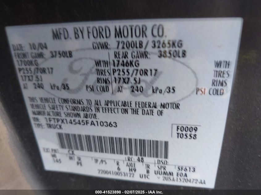 2005 Ford F-150 Fx4/Lariat/Xl/Xlt VIN: 1FTPX14545FA10363 Lot: 41523898