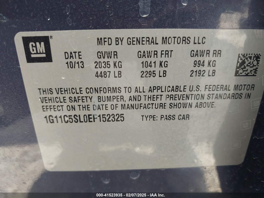 2014 Chevrolet Malibu 1Lt VIN: 1G11C5SL0EF152325 Lot: 41523935