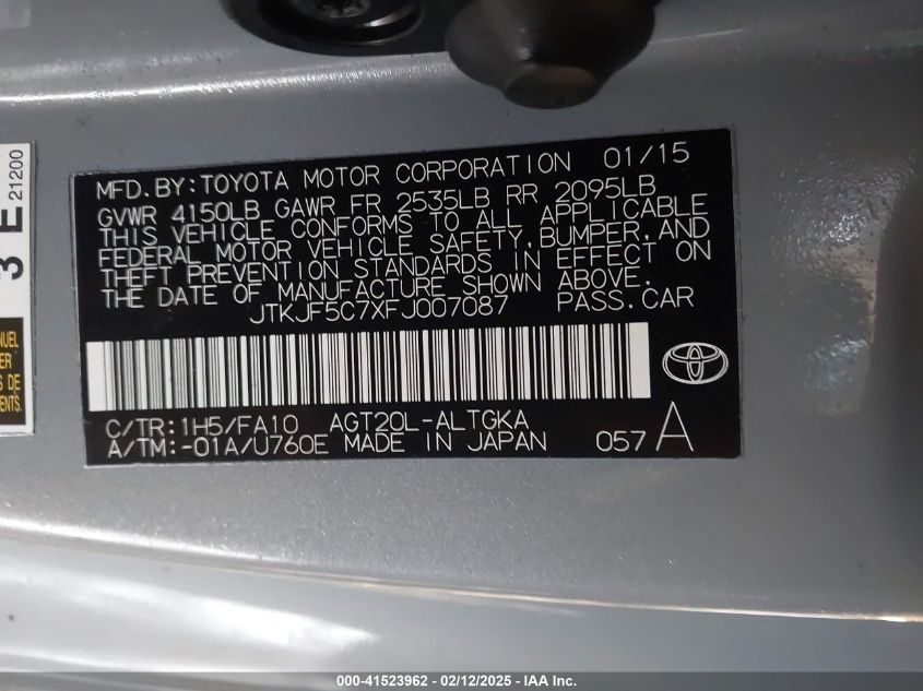 2015 Scion Tc VIN: JTKJF5C7XFJ007087 Lot: 41523962