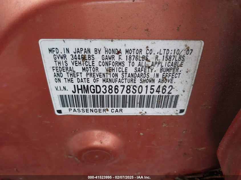 2008 HONDA FIT VIN: JHMGD38678S015462