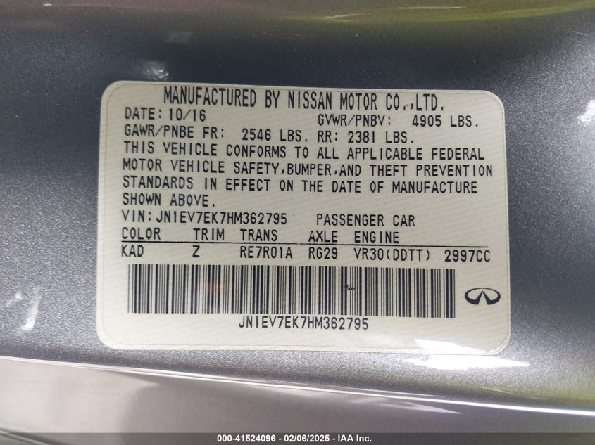 2017 Infiniti Q60 3.0T Premium VIN: JN1EV7EK7HM362795 Lot: 41524096