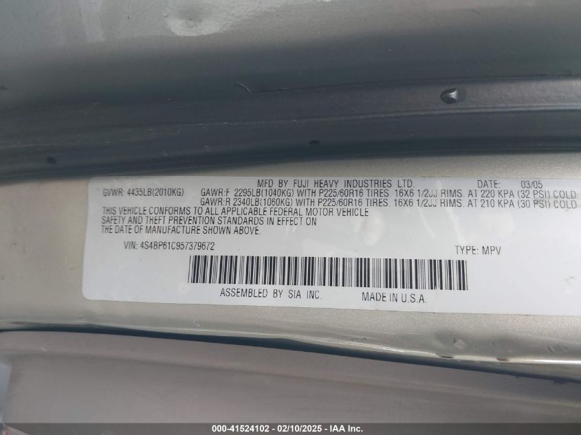 2005 Subaru Outback 2.5I VIN: 4S4BP61C957379672 Lot: 41524102