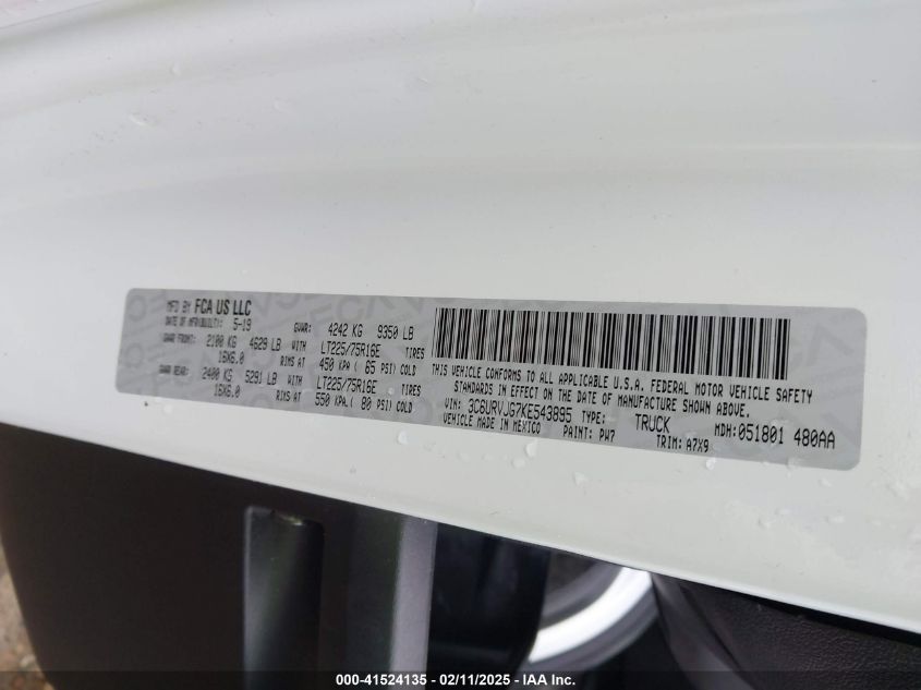 2019 Ram Promaster 3500 Cargo Van High Roof 159 Wb Ext VIN: 3C6URVJG7KE543895 Lot: 41524135