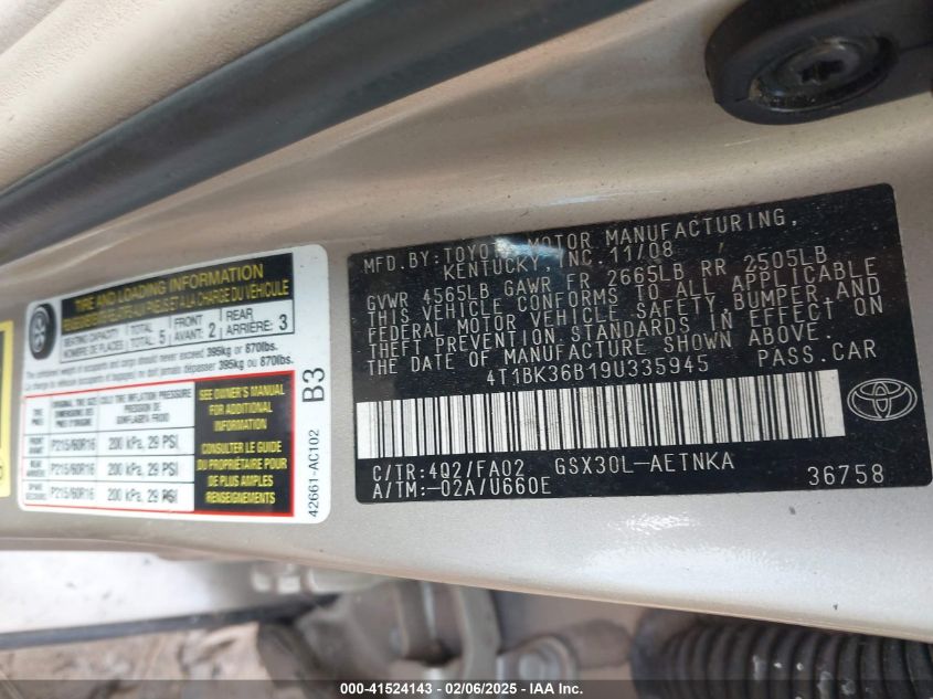 2009 Toyota Avalon Xl VIN: 4T1BK36B19U335945 Lot: 41524143