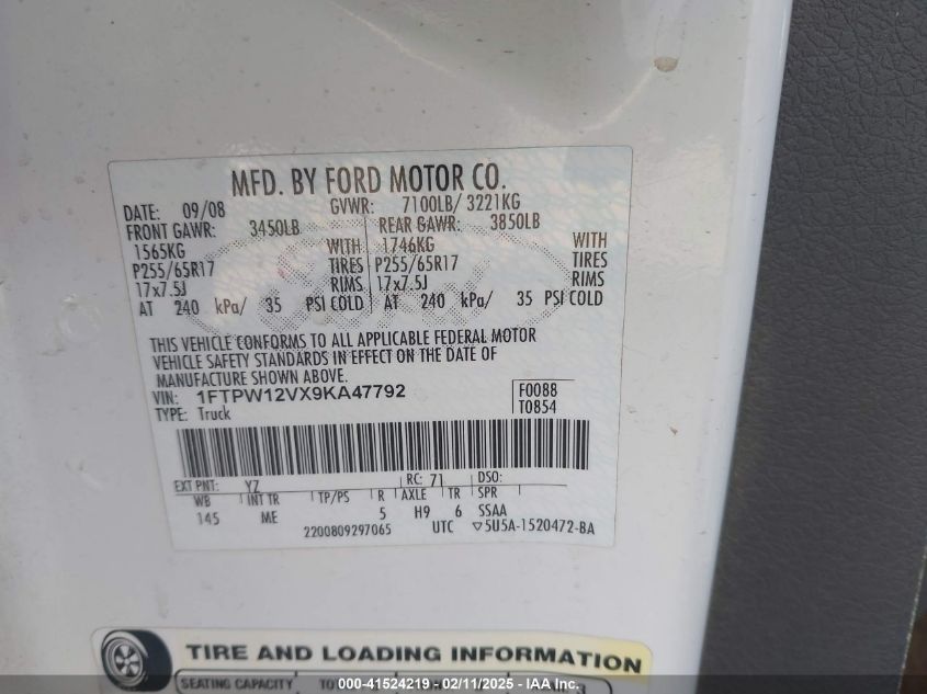 2009 Ford F-150 King Ranch/Lariat/Platinum/Xl/Xlt VIN: 1FTPW12VX9KA47792 Lot: 41524219