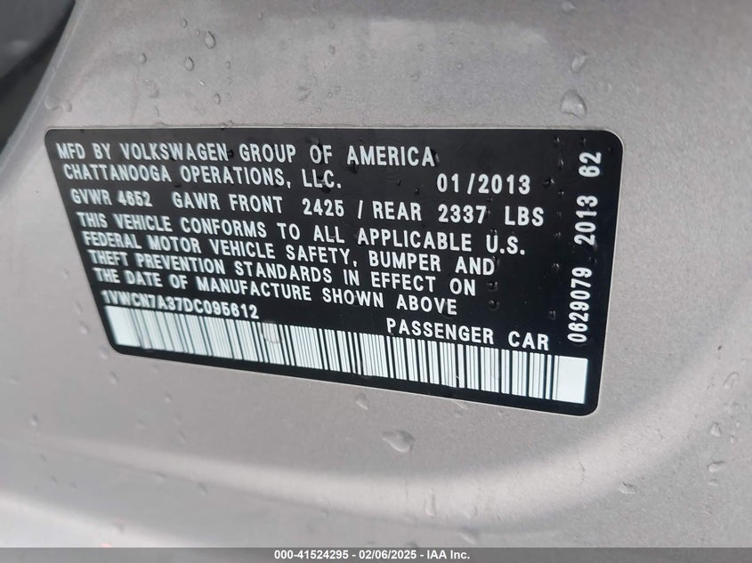 2013 VOLKSWAGEN PASSAT VIN: 1VWCN7A37DC095612