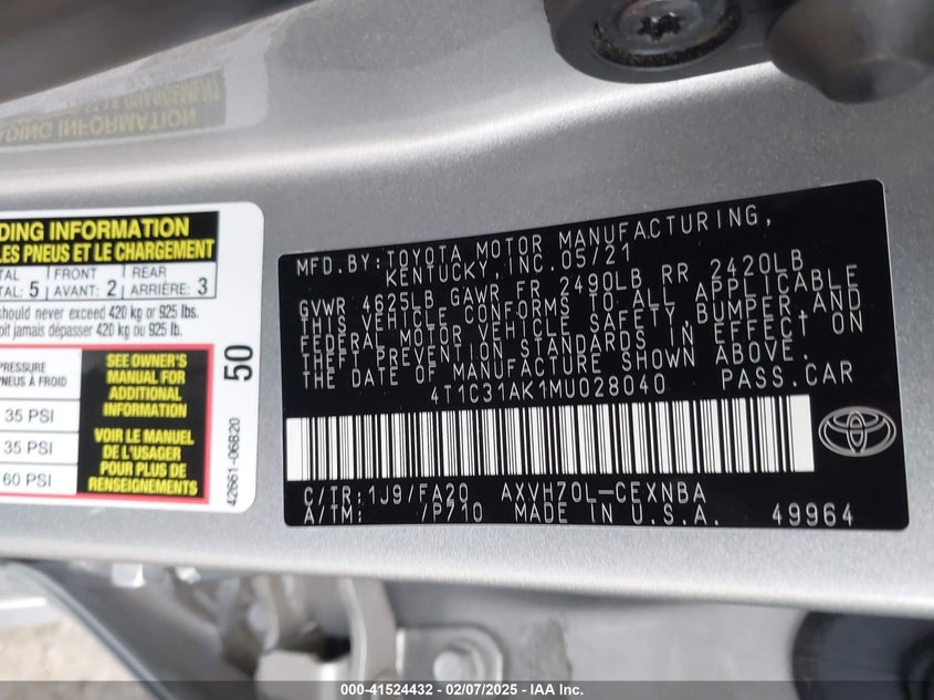 2021 Toyota Camry Le Hybrid VIN: 4T1C31AK1MU028040 Lot: 41524432