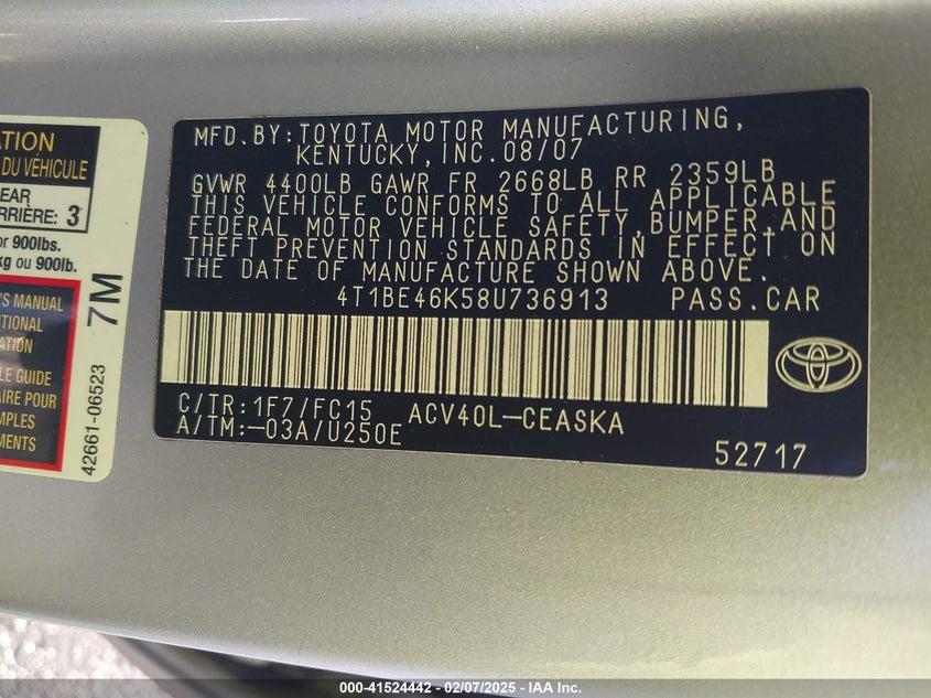 2008 TOYOTA CAMRY VIN: 4T1BE46K58U736913