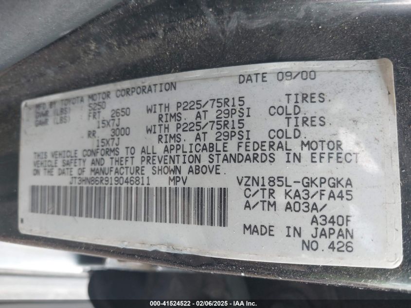 2001 Toyota 4Runner Sr5 V6 VIN: JT3HN86R919046811 Lot: 41524522