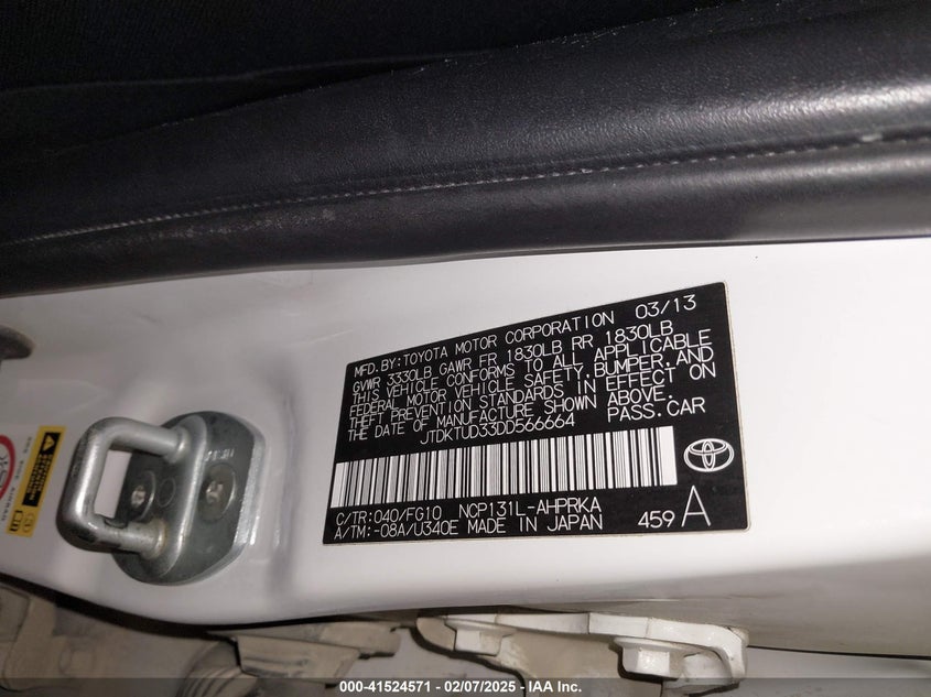 2013 TOYOTA YARIS VIN: JTDKTUD33DD566664