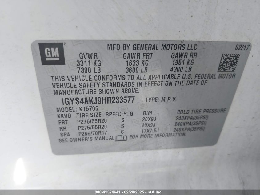 2017 Cadillac Escalade Standard VIN: 1GYS4AKJ9HR233577 Lot: 41524641