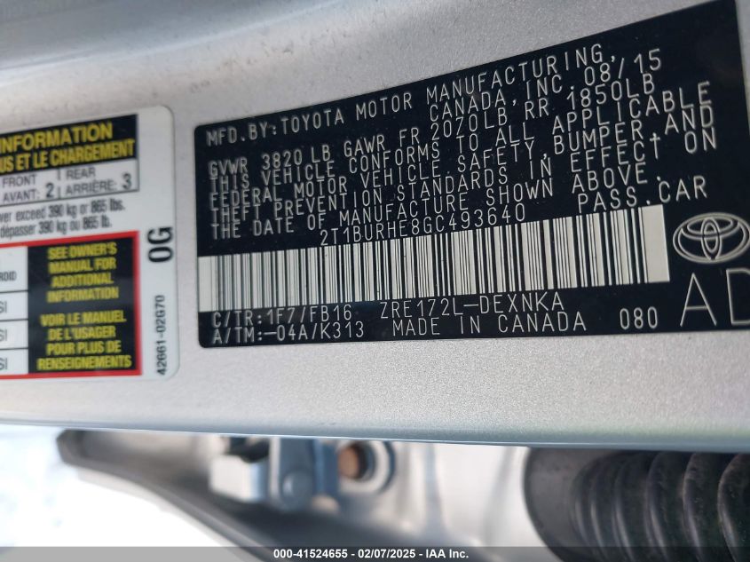 2016 Toyota Corolla Le VIN: 2T1BURHE8GC493640 Lot: 41524655