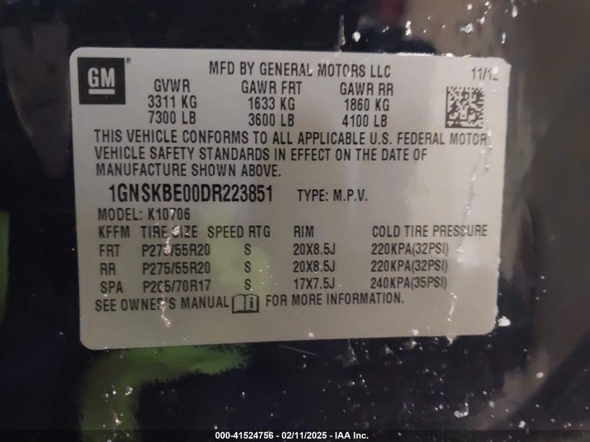 2013 Chevrolet Tahoe Lt VIN: 1GNSKBE00DR223851 Lot: 41524756