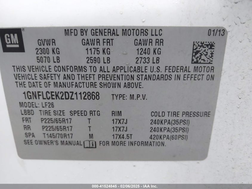 2013 Chevrolet Equinox Ls VIN: 1GNFLCEK2DZ112868 Lot: 41524845