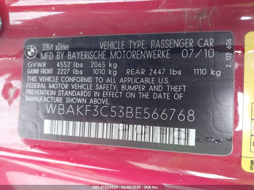 2011 BMW 328I xDrive VIN: WBAKF3C53BE566768 Lot: 41524920